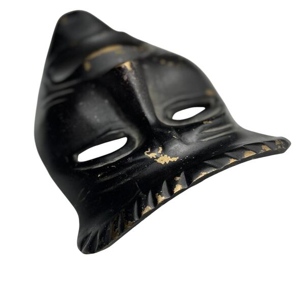 Vintage Brass Wall Mask Black Gold Tribal Face Art Decor Metal Sculpture Painted - Picture 7 of 8